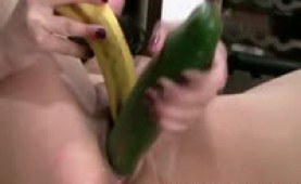 Horny teen uses a banana and a cucumber